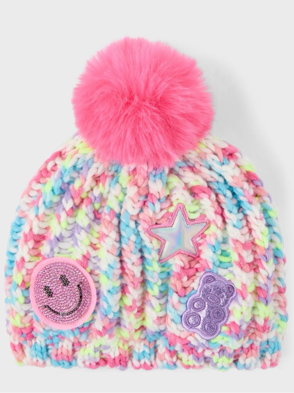 NWT:Kids Winter Rainbow Embroidered Icon Knit BeanieHat with Pink Pom Pom. Sz: 8 - Picture 1 of 5